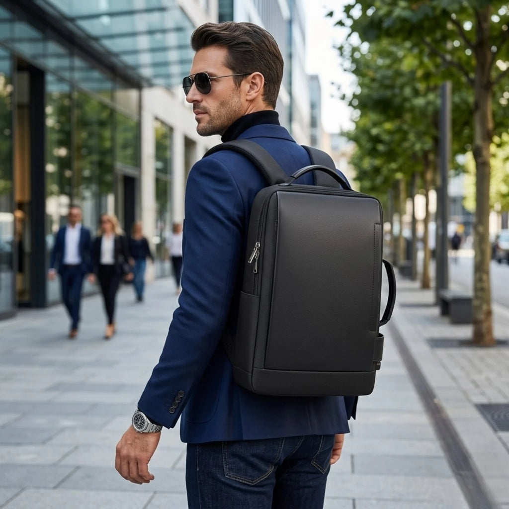 "Mochila couro notebook Rome Pro em couro premium, modelo executivo com compartimento acolchoado para notebook e estilo moderno."