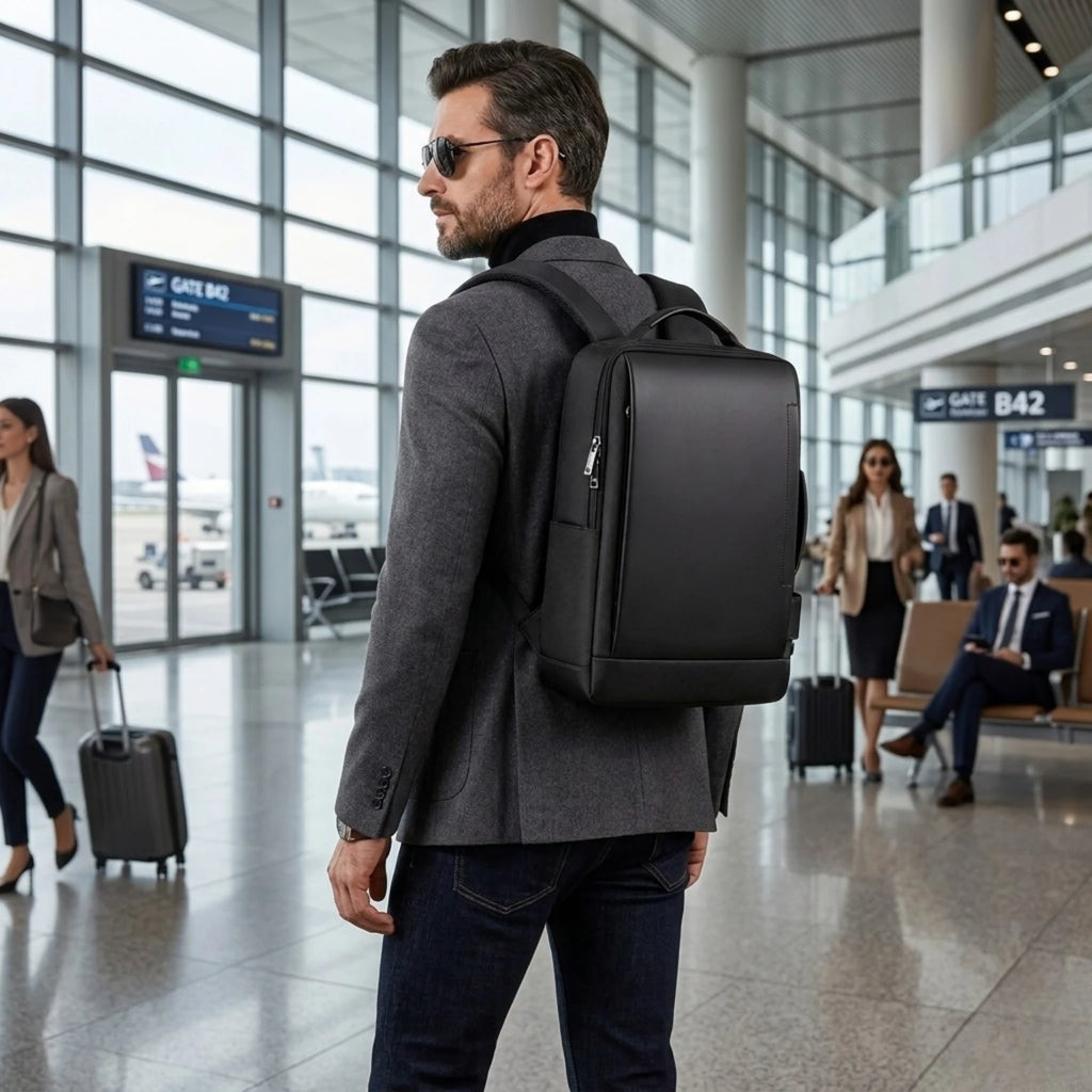 "Mochila de couro executiva Rome Pro para notebook, ideal para profissionais que buscam elegância, praticidade e durabilidade."