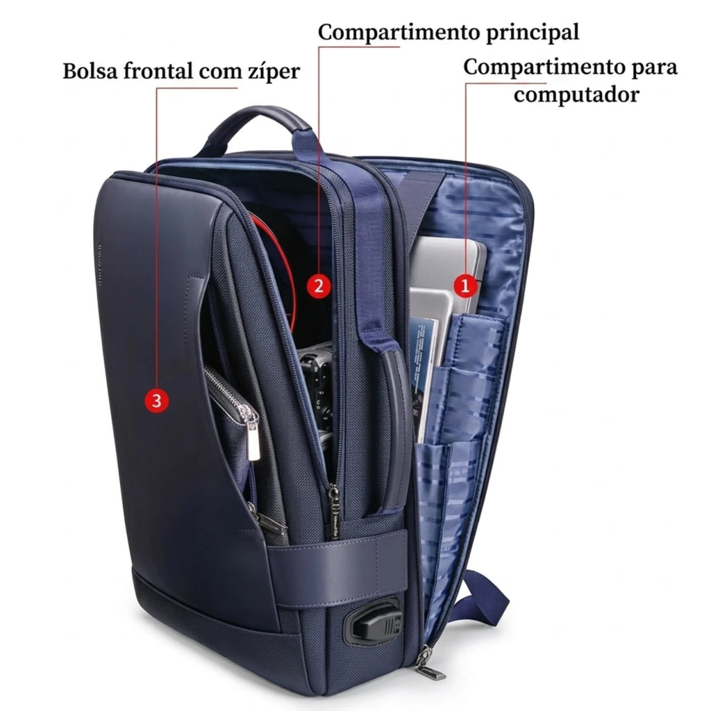 "Mochila de couro executiva Rome Pro para notebook, ideal para profissionais que buscam elegância, praticidade e durabilidade."
