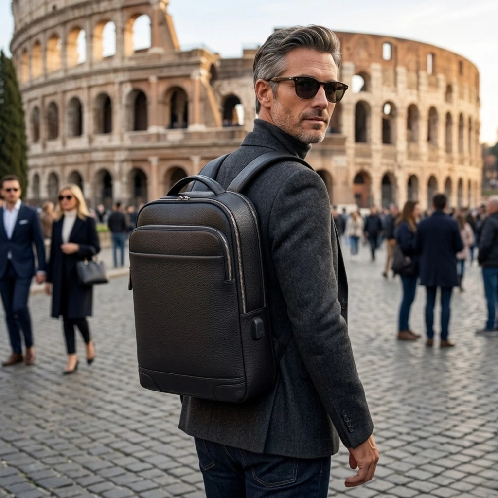 "Mochila de couro executiva Rome Urban para notebook, confeccionada em couro com design sofisticado e compartimento acolchoado."