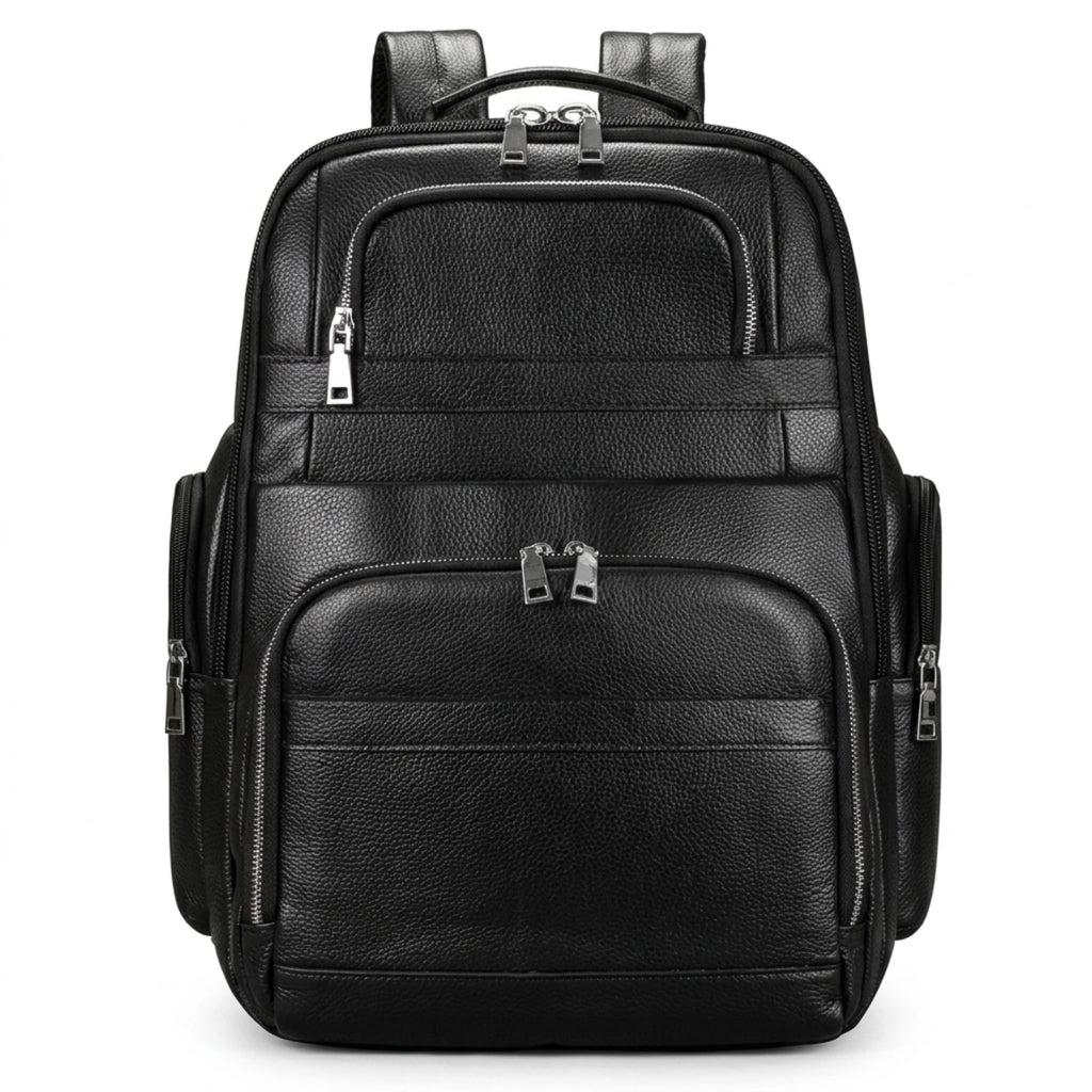 Mochila de Couro Executiva para Notebook com USB Prestige Black em couro legítimo, design sofisticado e amplo espaço para trabalho e viagens.
