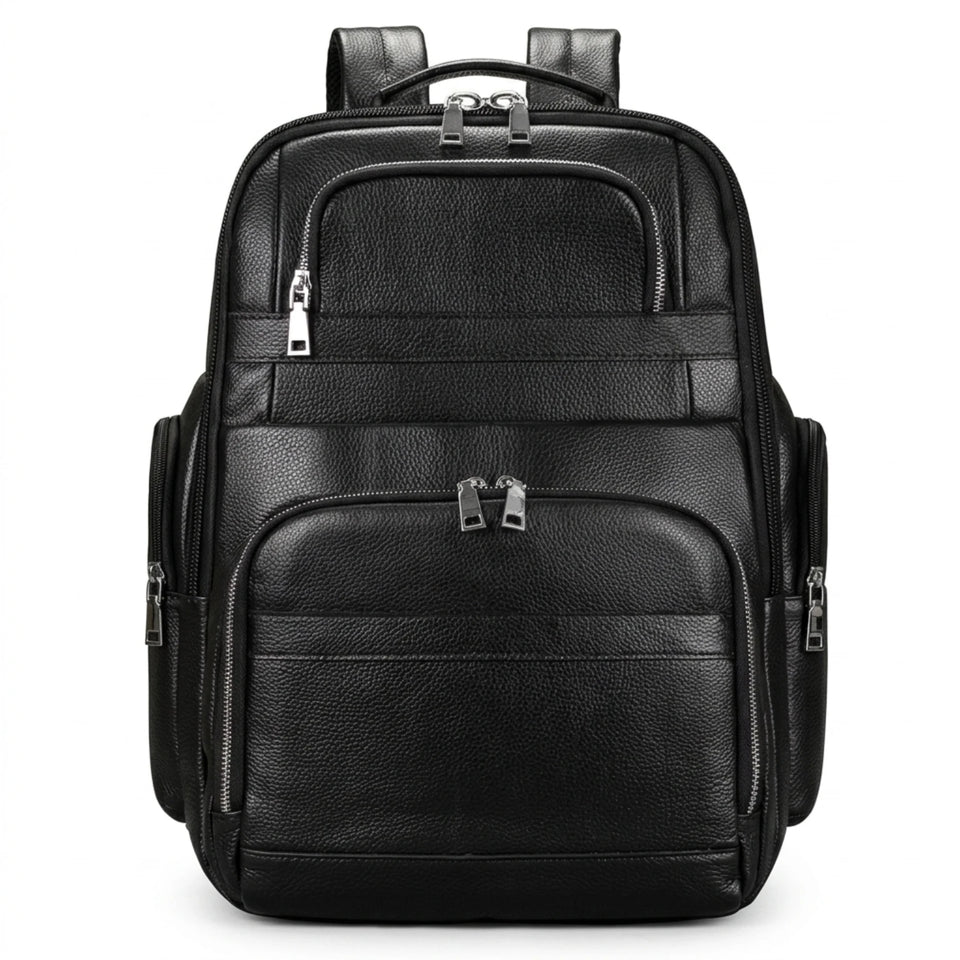 Mochila de Couro Executiva para Notebook com USB Prestige Black em couro legítimo, design sofisticado e amplo espaço para trabalho e viagens.