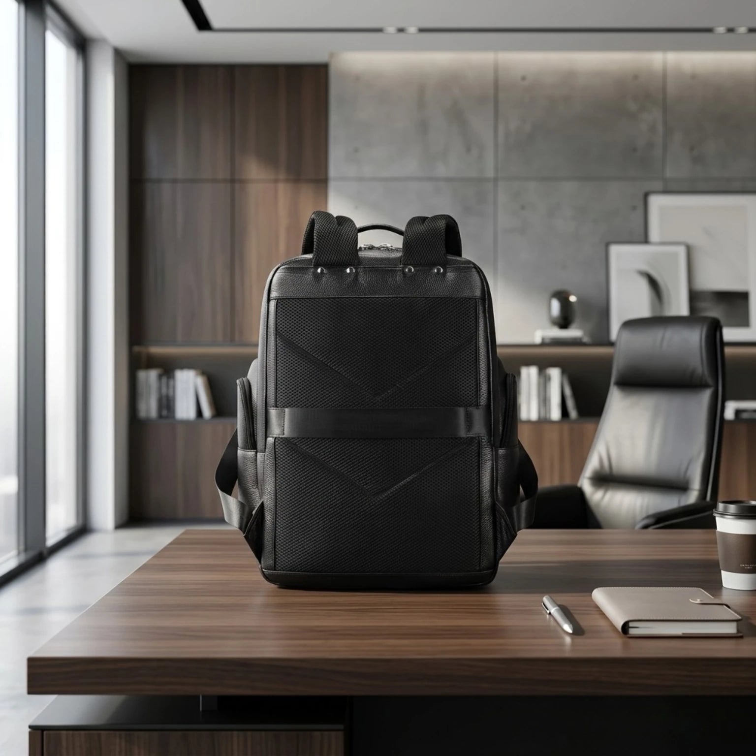 Mochila de Couro Executiva para Notebook com USB Prestige Black em couro legítimo, design sofisticado e amplo espaço para trabalho e viagens.