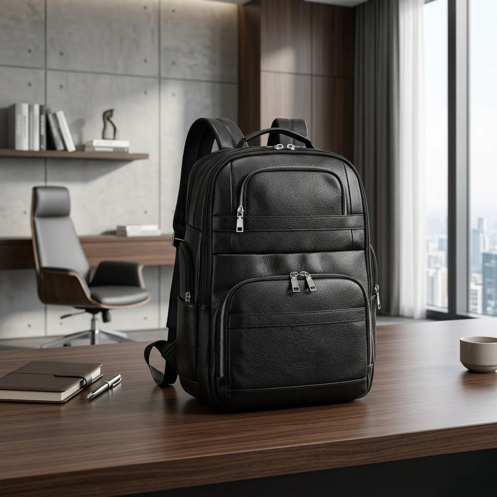 Mochila de Couro Executiva para Notebook com USB Prestige Black em couro legítimo, design sofisticado e amplo espaço para trabalho e viagens.