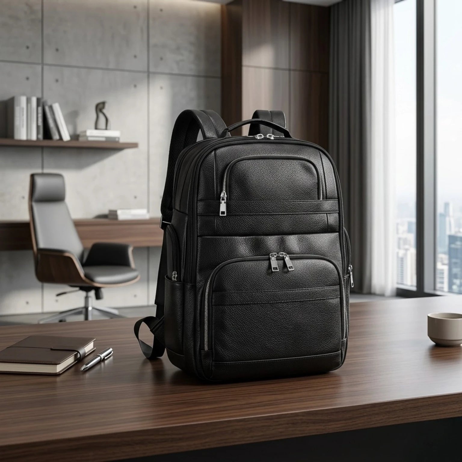 Mochila de Couro Executiva para Notebook com USB Prestige Black em couro legítimo, design sofisticado e amplo espaço para trabalho e viagens.