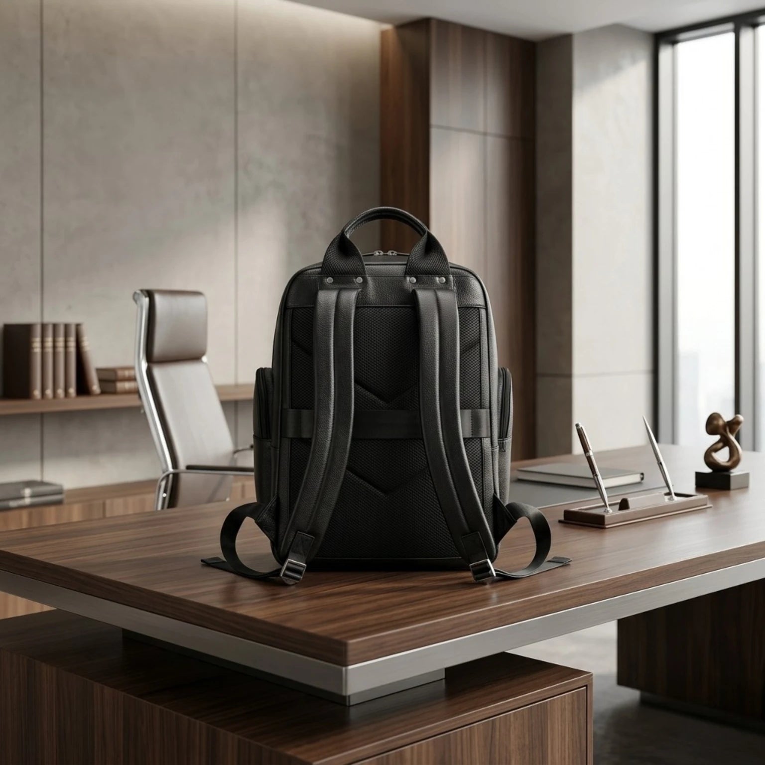 Mochila de Couro Executiva para Notebook com USB Prestige Black em couro legítimo, design sofisticado e amplo espaço para trabalho e viagens.
