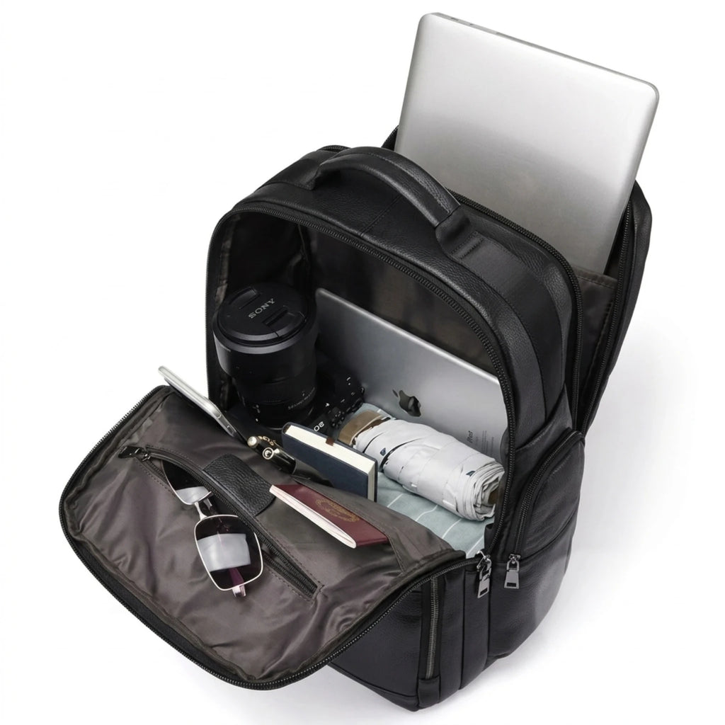 Mochila de Couro Executiva para Notebook com USB Prestige Black em couro legítimo, design sofisticado e amplo espaço para trabalho e viagens.