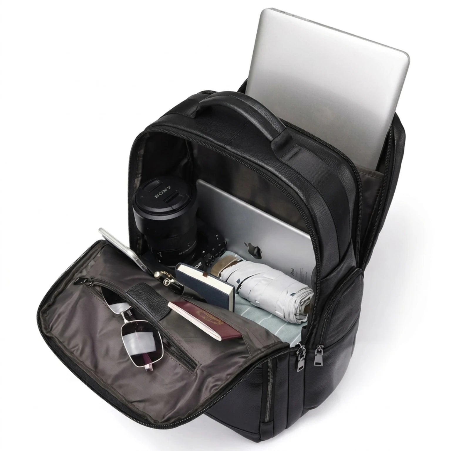Mochila de Couro Executiva para Notebook com USB Prestige Black em couro legítimo, design sofisticado e amplo espaço para trabalho e viagens.