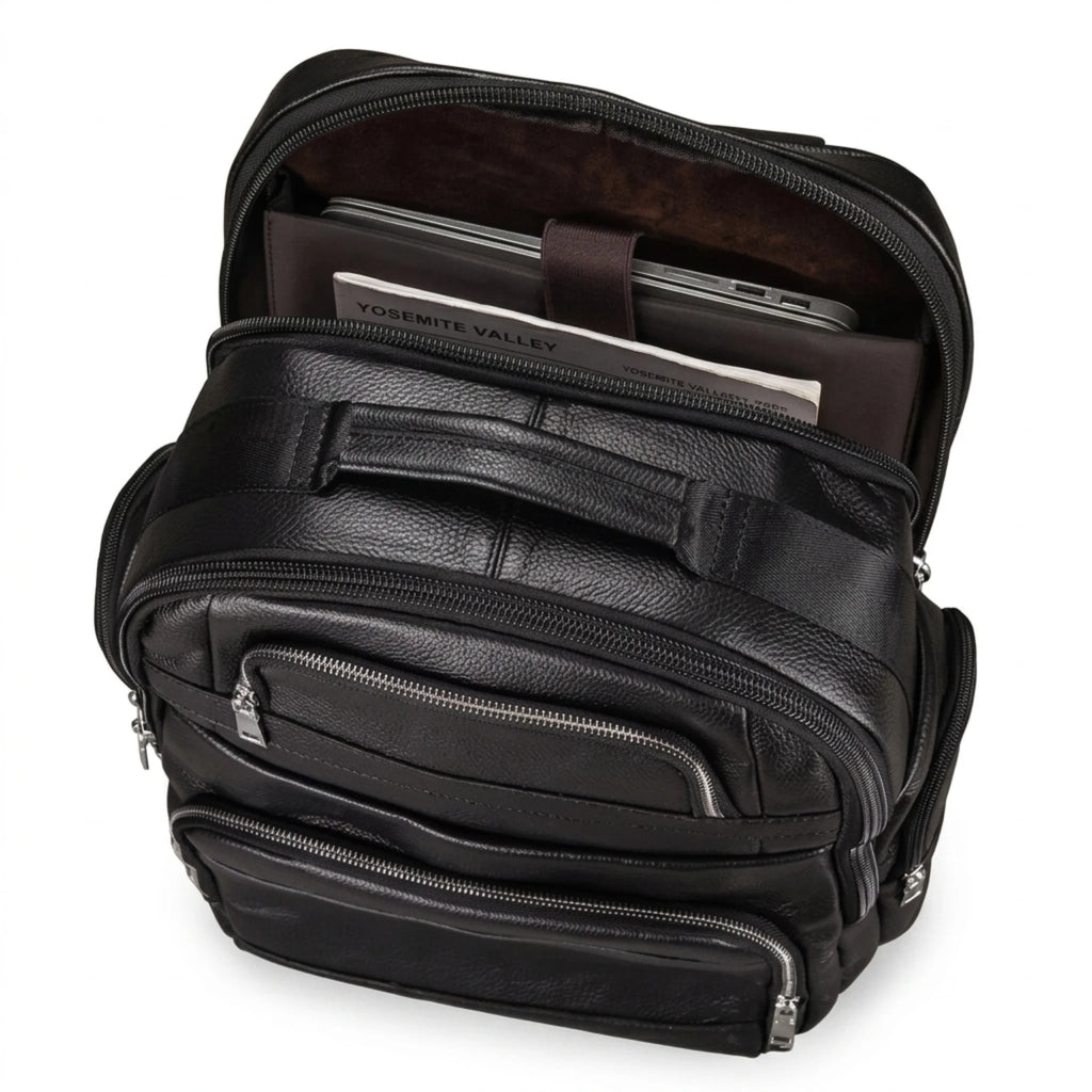 Mochila de Couro Executiva para Notebook com USB Prestige Black em couro legítimo, design sofisticado e amplo espaço para trabalho e viagens.