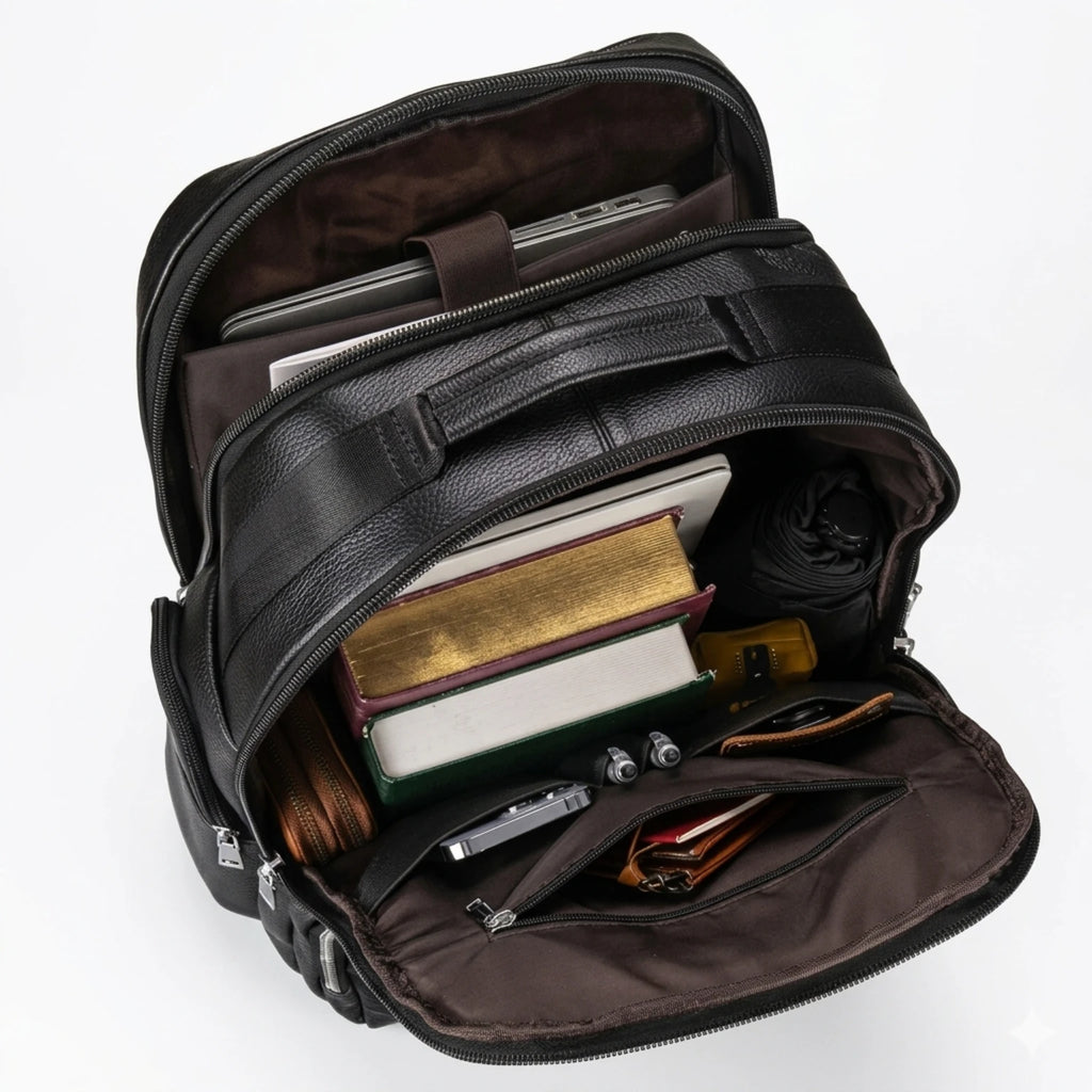 Mochila de Couro Executiva para Notebook com USB Prestige Black em couro legítimo, design sofisticado e amplo espaço para trabalho e viagens.
