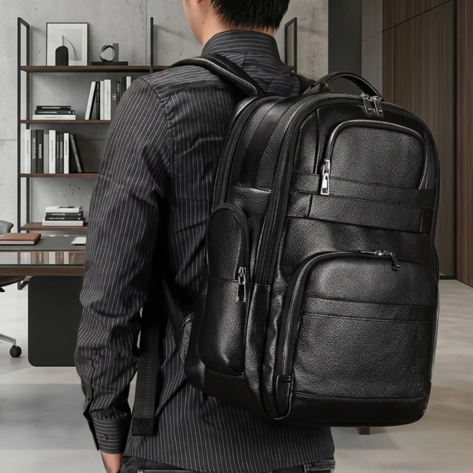 Mochila de couro masculina Prestige Black com entrada USB, compartimento para notebook e acabamento premium.
