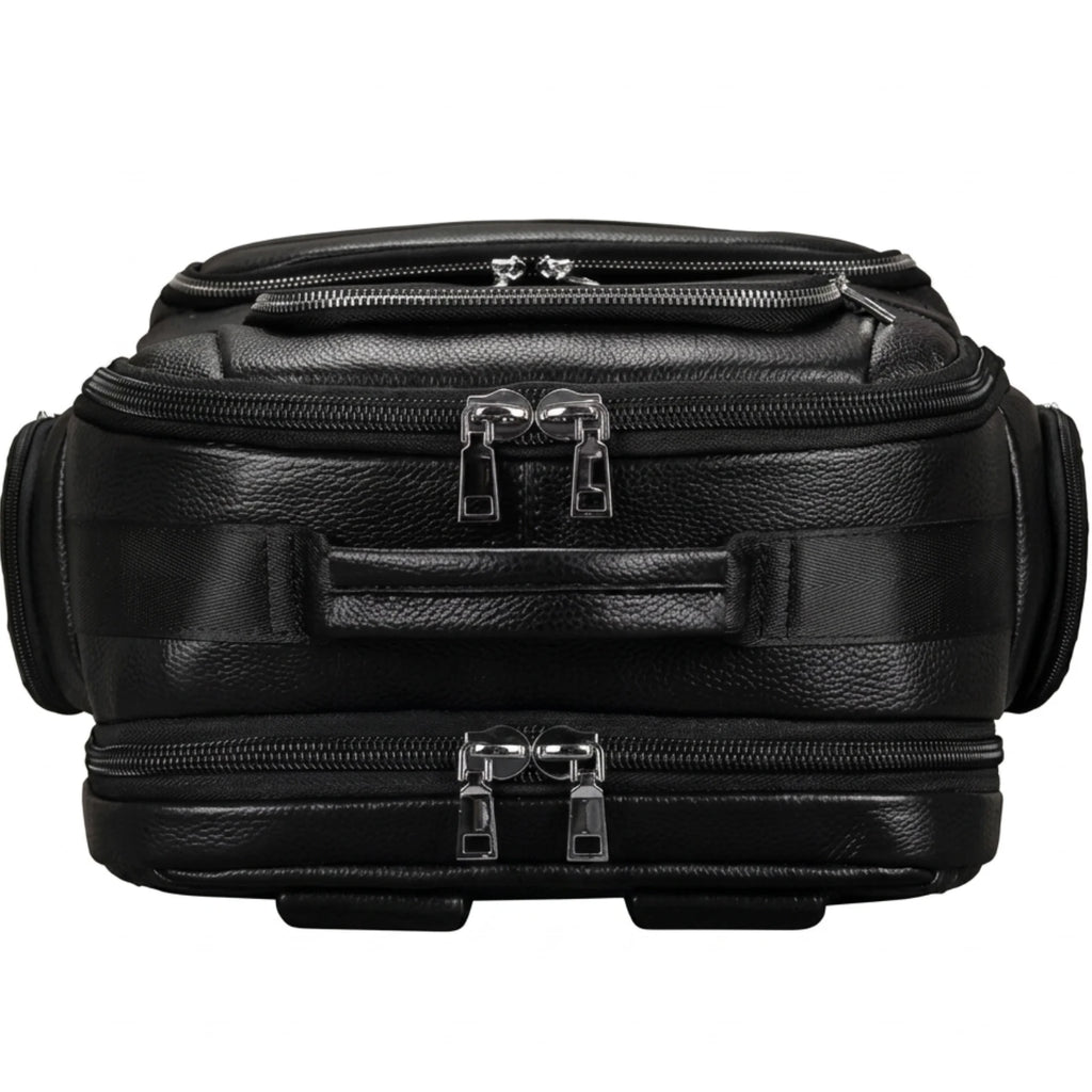 Mochila de Couro Executiva para Notebook com USB Prestige Black em couro legítimo, design sofisticado e amplo espaço para trabalho e viagens.