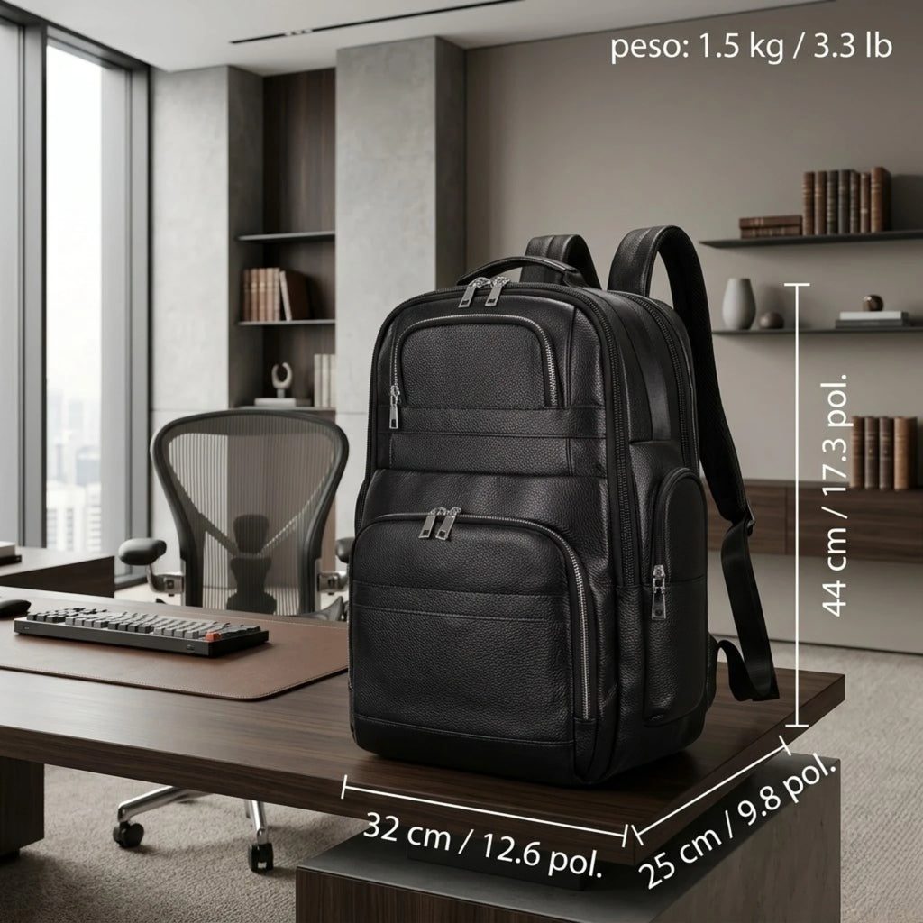 Mochila de Couro Executiva para Notebook com USB Prestige Black em couro legítimo, design sofisticado e amplo espaço para trabalho e viagens.