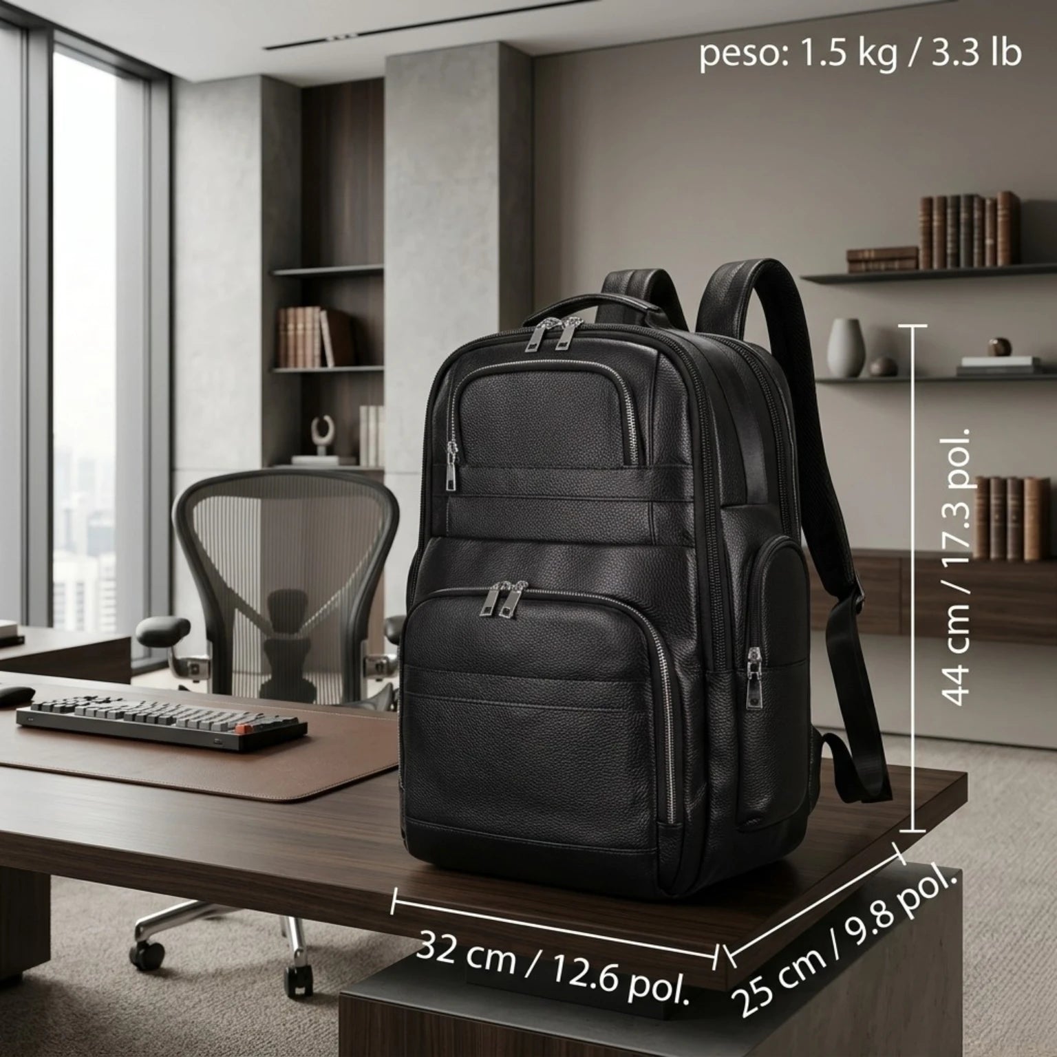 Mochila de Couro Executiva para Notebook com USB Prestige Black em couro legítimo, design sofisticado e amplo espaço para trabalho e viagens.