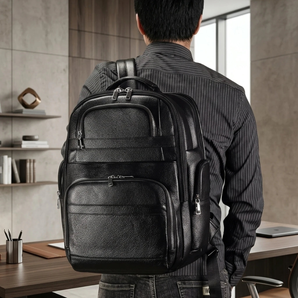 Mochila de couro executiva para notebook Prestige Black, elegante, resistente e ideal para o dia a dia profissional.