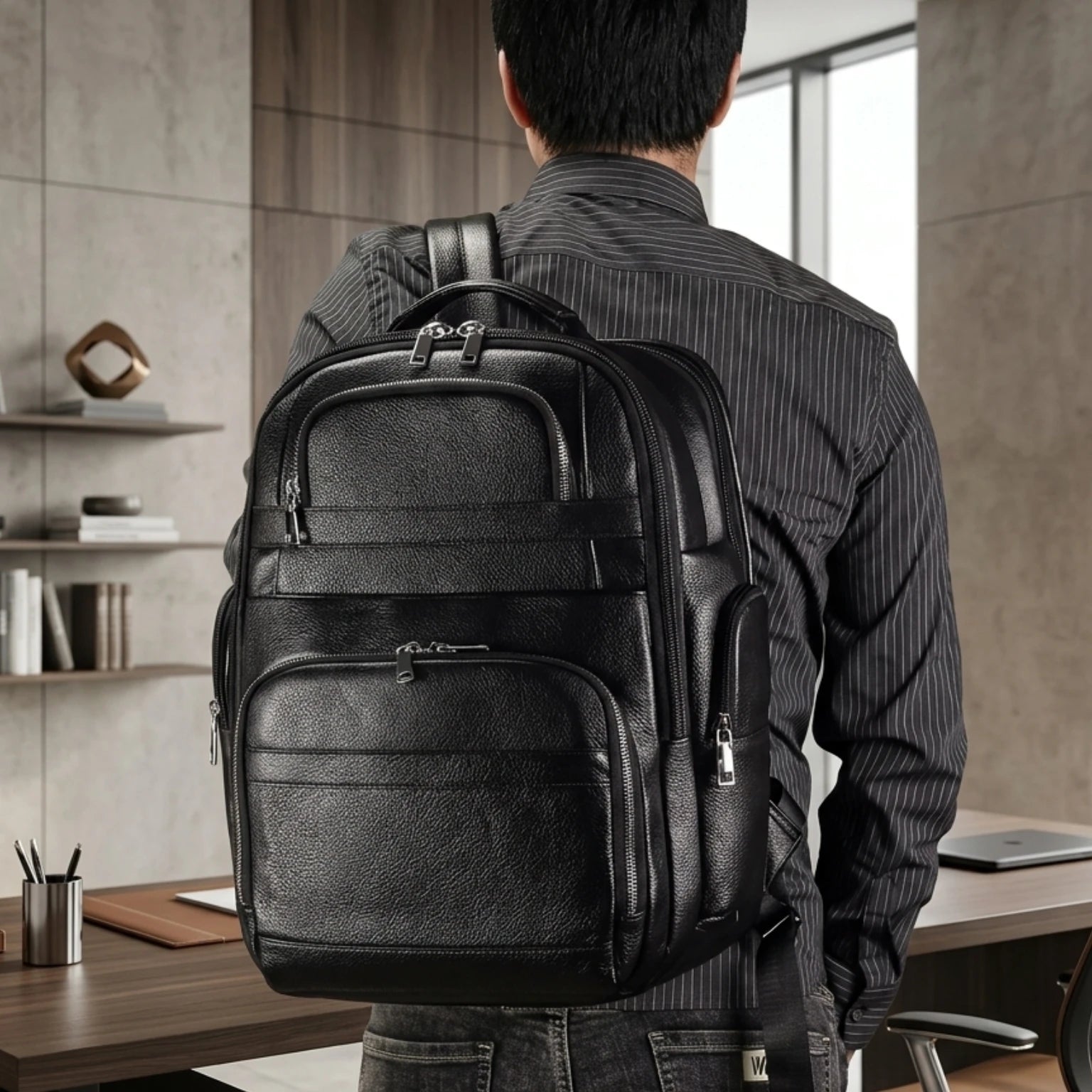 Mochila de couro executiva para notebook Prestige Black, elegante, resistente e ideal para o dia a dia profissional.