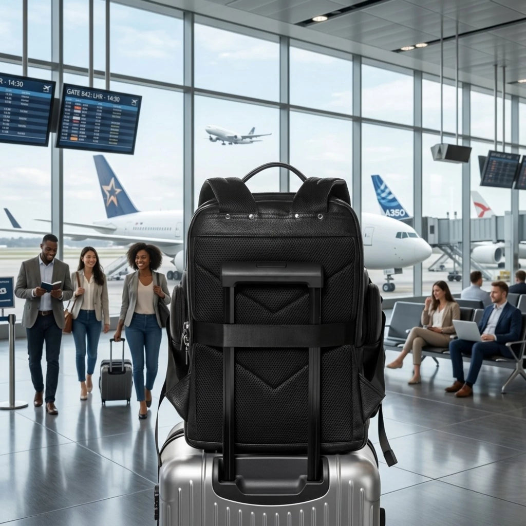 Mochila masculina em couro legítimo com USB, espaço para notebook e design executivo moderno.