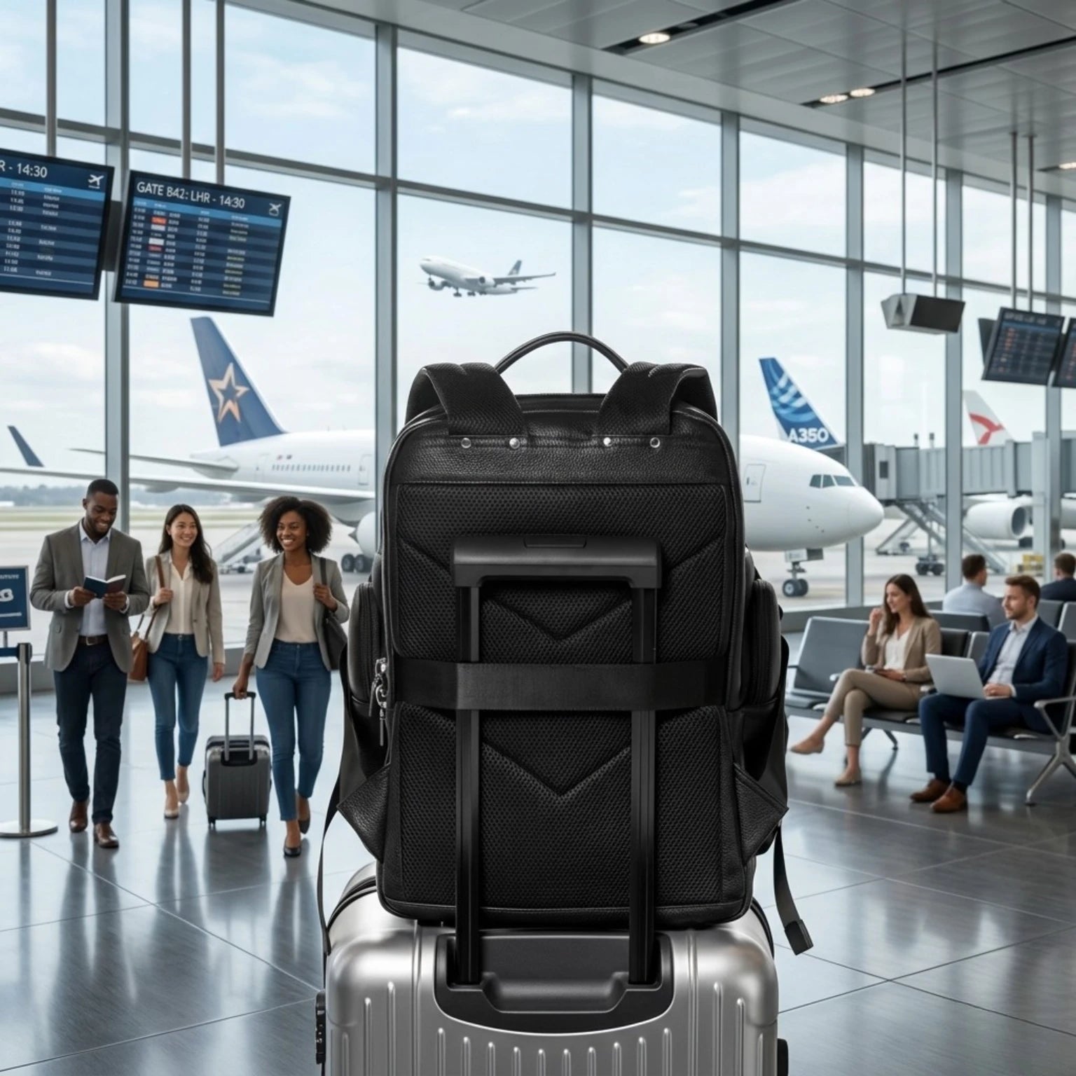 Mochila masculina em couro legítimo com USB, espaço para notebook e design executivo moderno.
