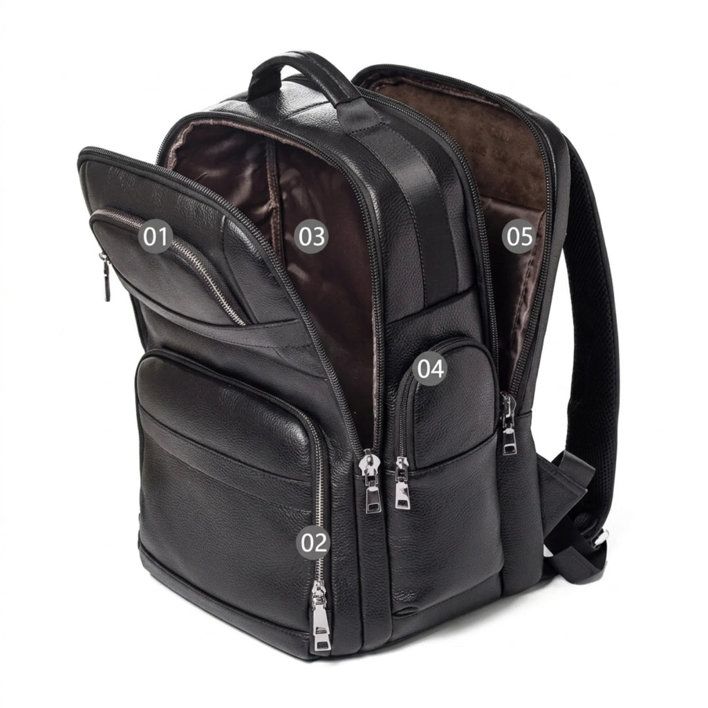 Mochila de Couro Executiva para Notebook com USB Prestige Black em couro legítimo, design sofisticado e amplo espaço para trabalho e viagens.