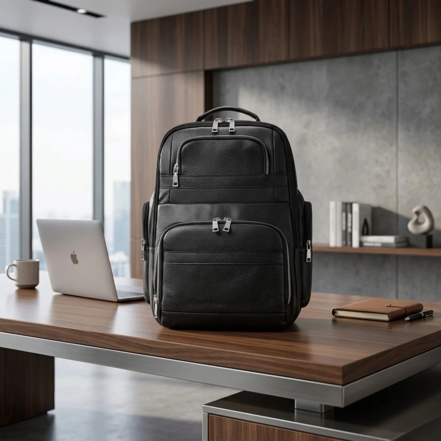 Mochila de Couro Executiva para Notebook com USB Prestige Black em couro legítimo, design sofisticado e amplo espaço para trabalho e viagens.