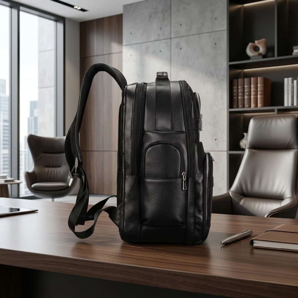 Mochila de Couro Executiva para Notebook com USB Prestige Black em couro legítimo, design sofisticado e amplo espaço para trabalho e viagens.