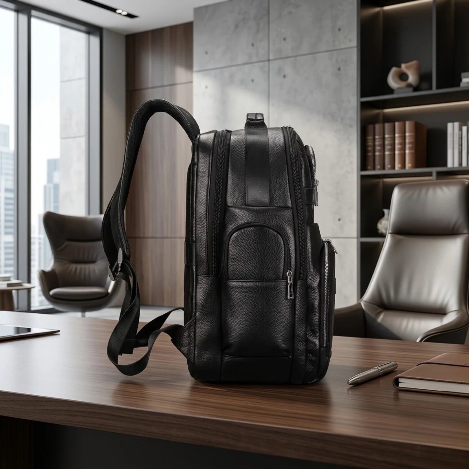 Mochila de Couro Executiva para Notebook com USB Prestige Black em couro legítimo, design sofisticado e amplo espaço para trabalho e viagens.