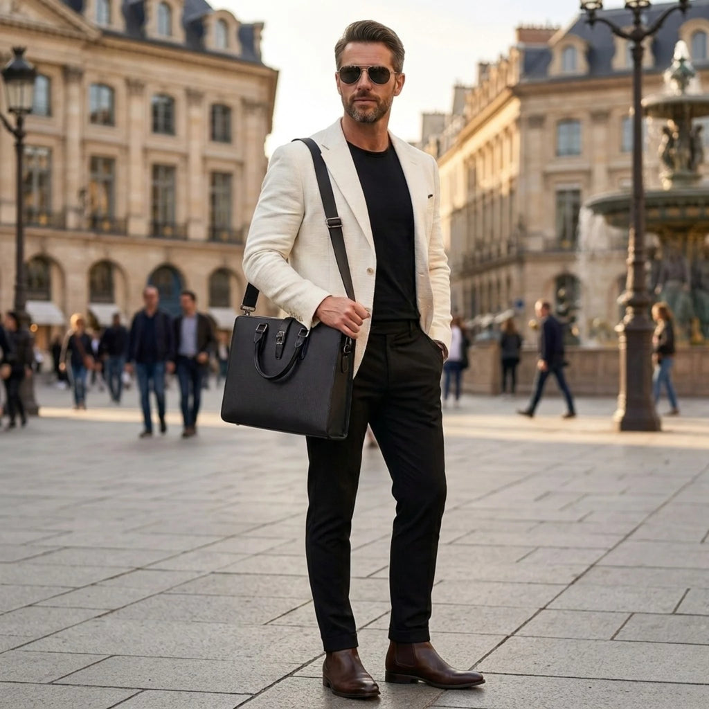 "Pasta executiva masculina de couro Orveni Life Office, ideal para transportar notebook, documentos e acessórios com elegância."