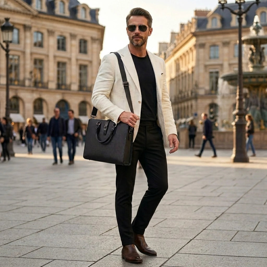 "Pasta de couro masculina Orveni Life Office com acabamento premium, compartimentos organizados e estilo executivo sofisticado."