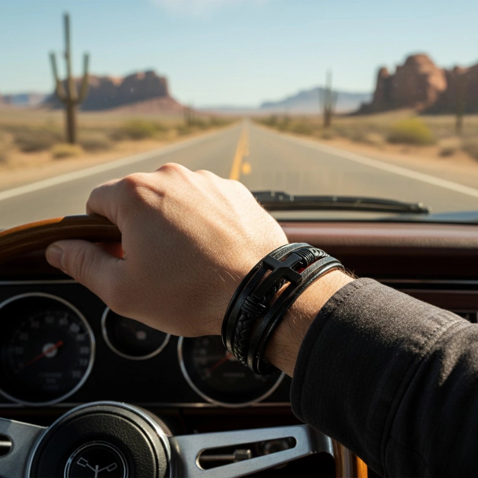 Pulseira de couro masculina Cruz Life, acessório em couro legítimo com símbolo de cruz, visual elegante e acabamento refinado