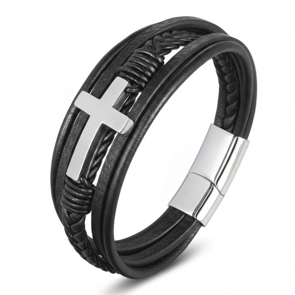 Pulseira de Couro Cruz Life em couro legítimo, pulseira de couro masculina com detalhe de cruz, design sofisticado e acabamento premium