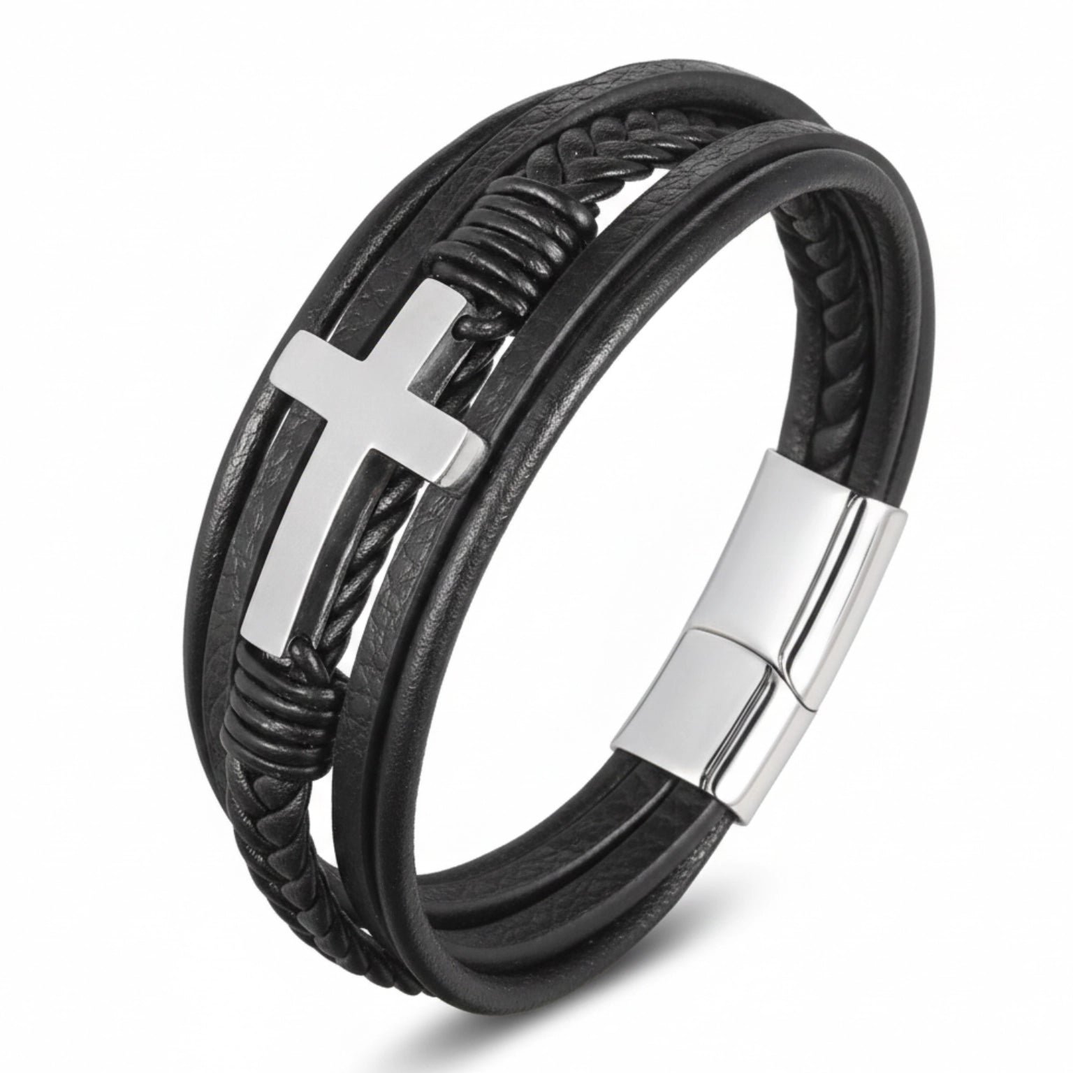 Pulseira de Couro Cruz Life em couro legítimo, pulseira de couro masculina com detalhe de cruz, design sofisticado e acabamento premium