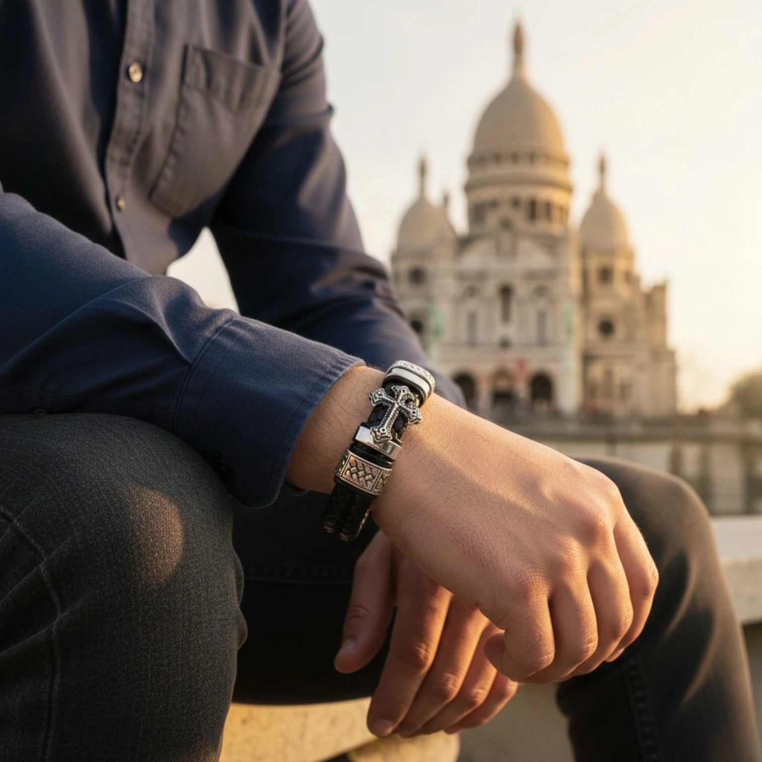 Pulseira masculina de couro Life Cruz Roma com símbolo de cruz, estilo elegante e acabamento refinado em couro legítimo