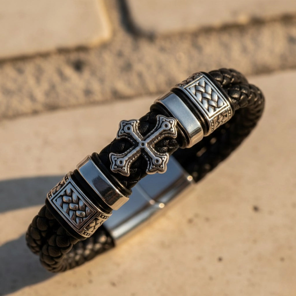 Pulseira masculina Life Cruz Roma em couro legítimo, design exclusivo com cruz e estilo sofisticado para uso diário
