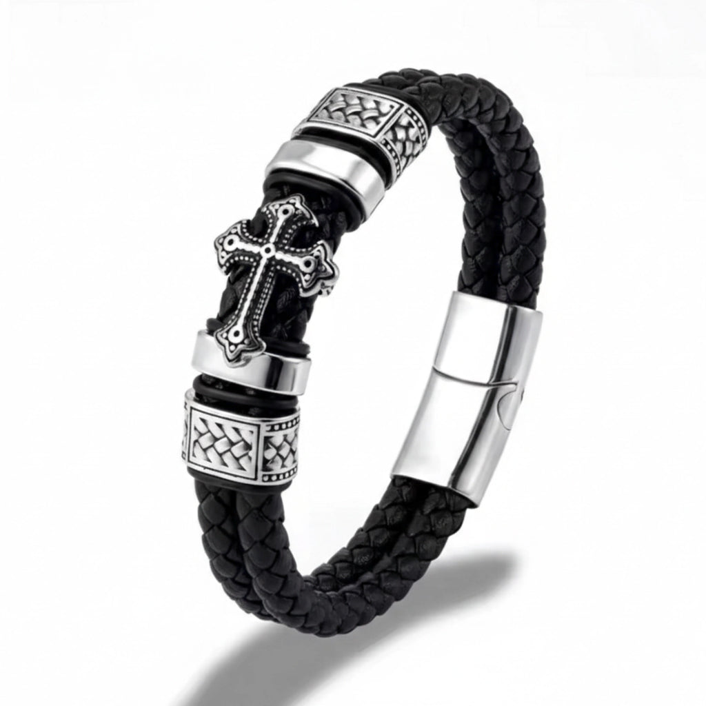 Pulseira de Couro Life Cruz Roma em couro legítimo, design masculino sofisticado com detalhe de cruz e acabamento premium