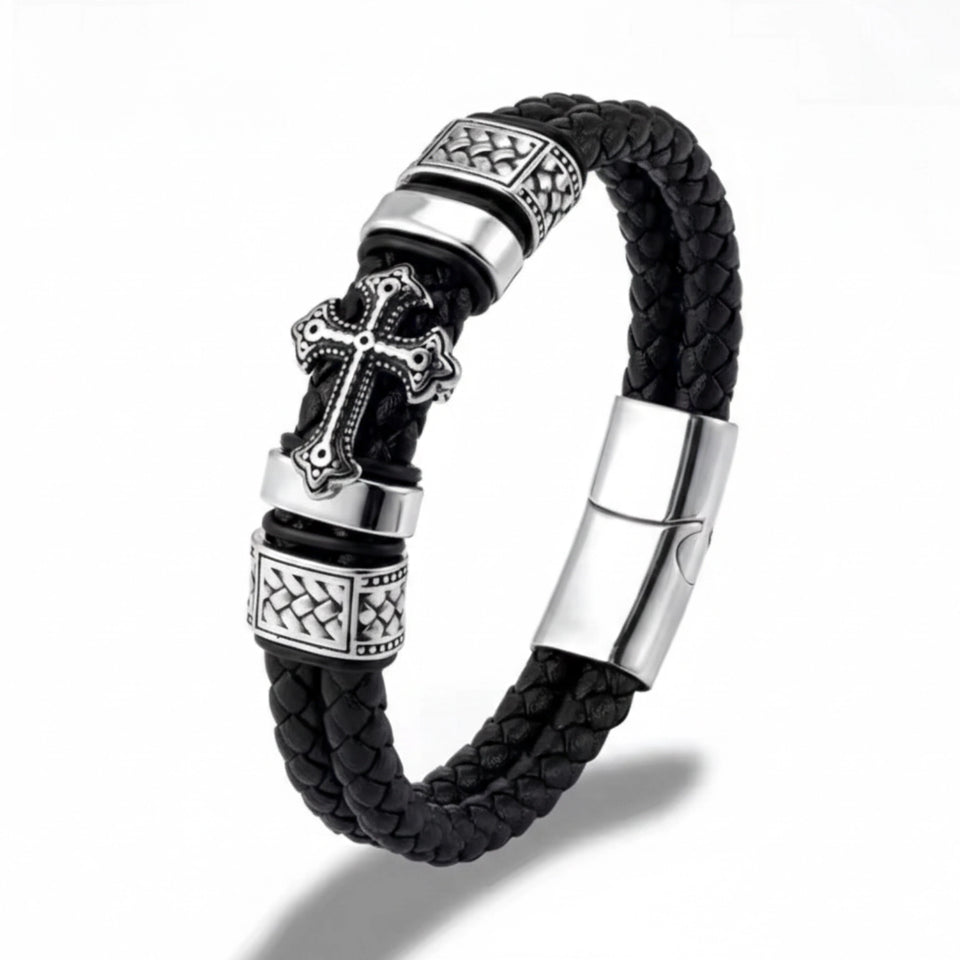 Pulseira de Couro Life Cruz Roma em couro legítimo, design masculino sofisticado com detalhe de cruz e acabamento premium