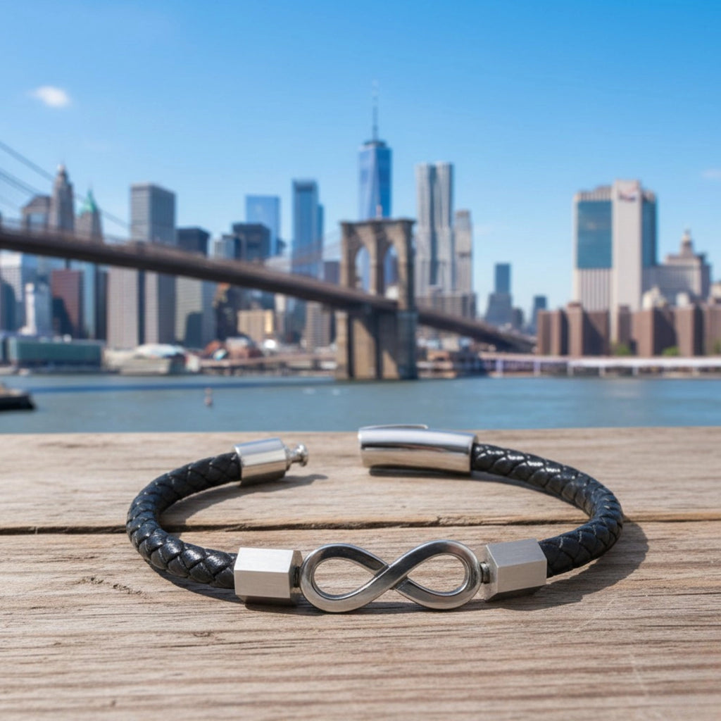 Pulseira masculina de couro Minimalista Life Infinito, acessório premium em couro legítimo com design minimalista e detalhe do infinito