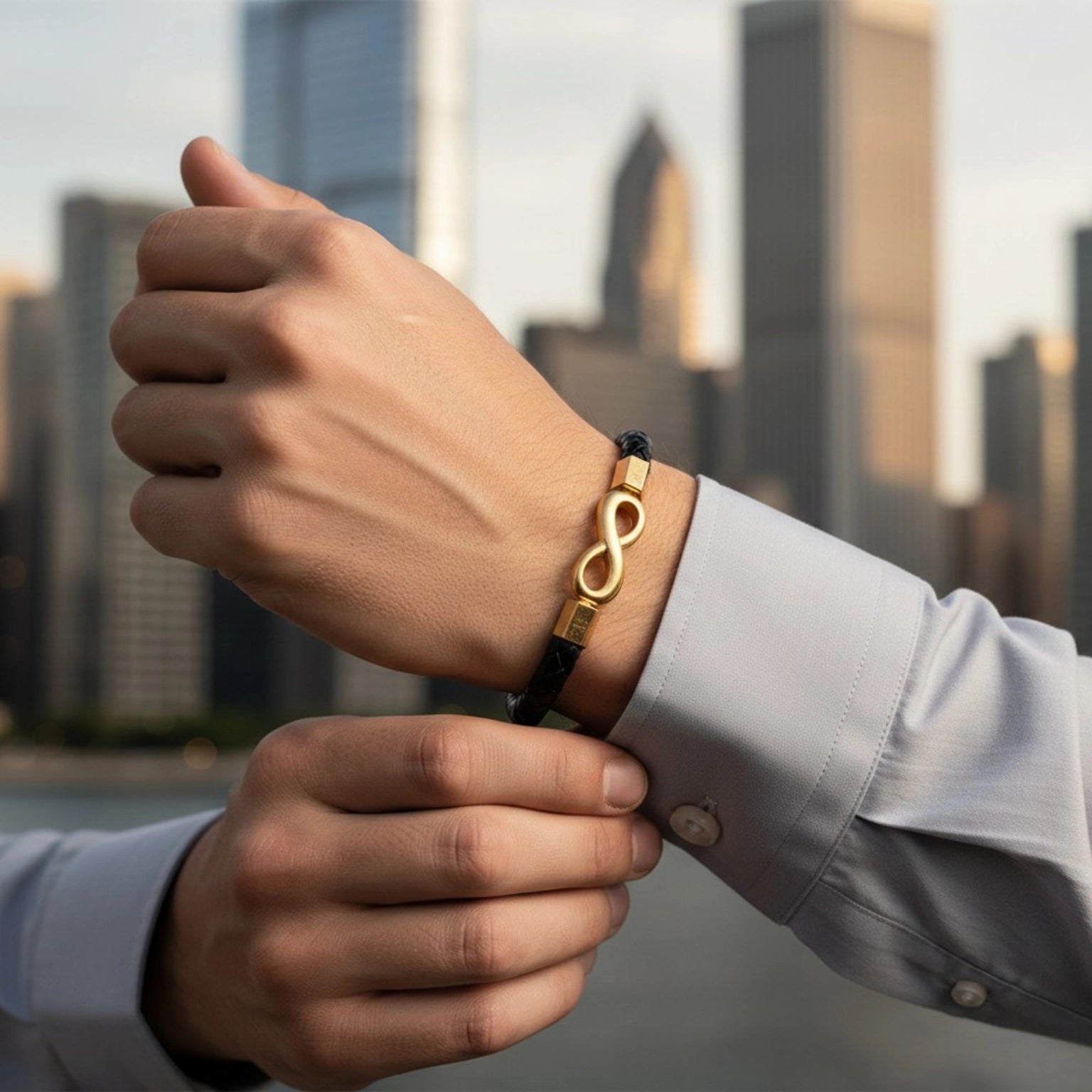 Pulseira de couro para ele Minimalista Life Infinito, modelo masculino em couro legítimo com visual moderno e símbolo do infinito