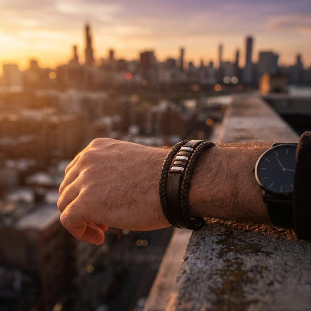 Pulseira masculina de couro Life Elegance, acessório premium em couro legítimo com estilo sofisticado e acabamento de alta qualidade