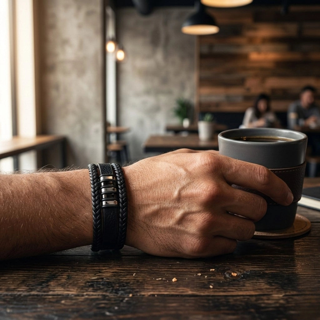 Pulseira de couro para ele Life Elegance, modelo masculino em couro legítimo com design exclusivo e alta durabilidade