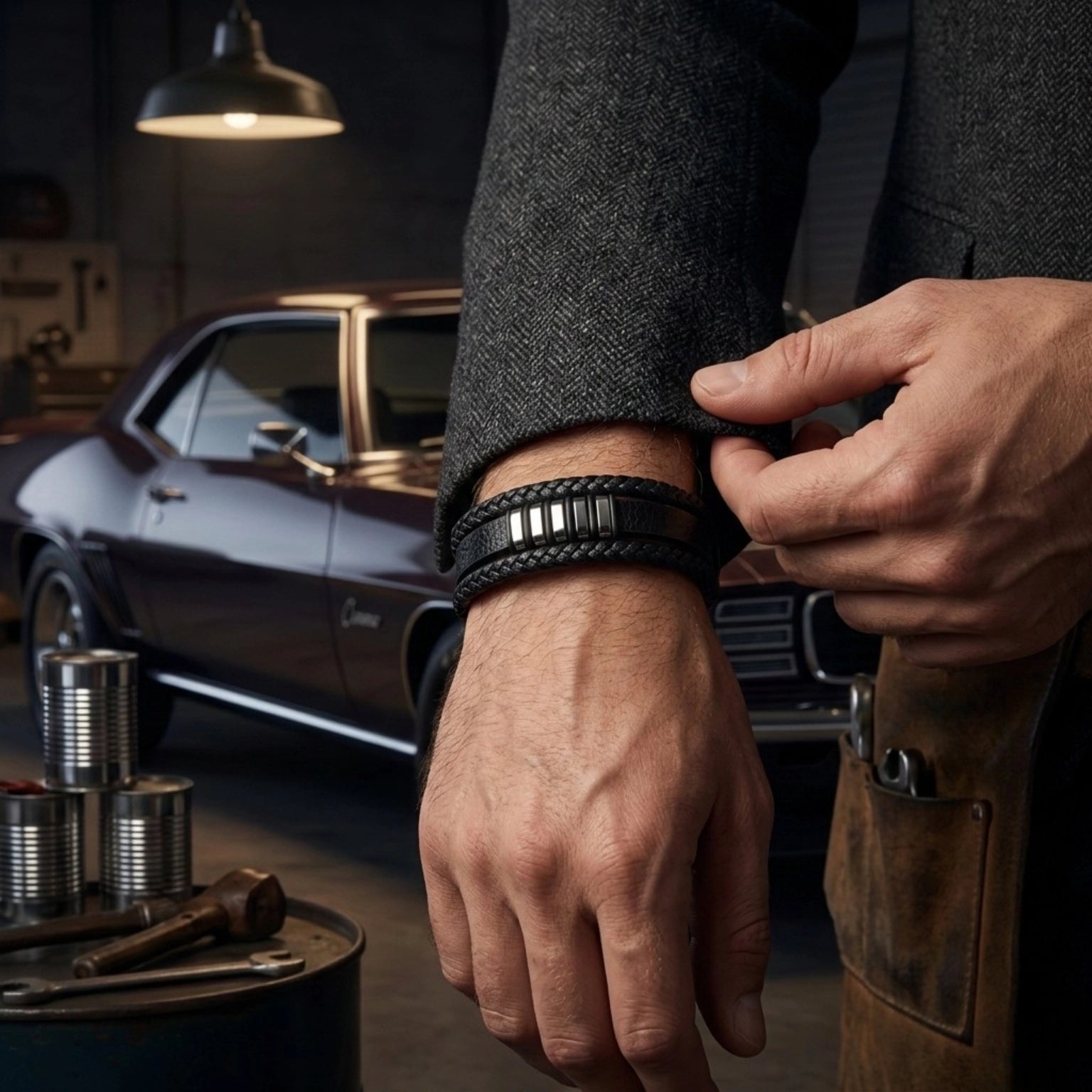 Pulseira masculina de couro Life Elegance, acessório premium em couro legítimo com estilo sofisticado e acabamento de alta qualidade