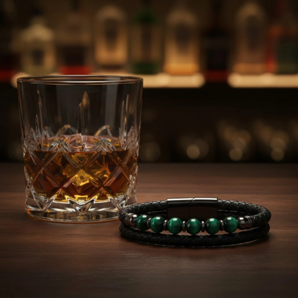 Pulseira Masculina Couro Olho de Tigre Domínio em couro legítimo, design sofisticado e pedras naturais para um visual elegante.