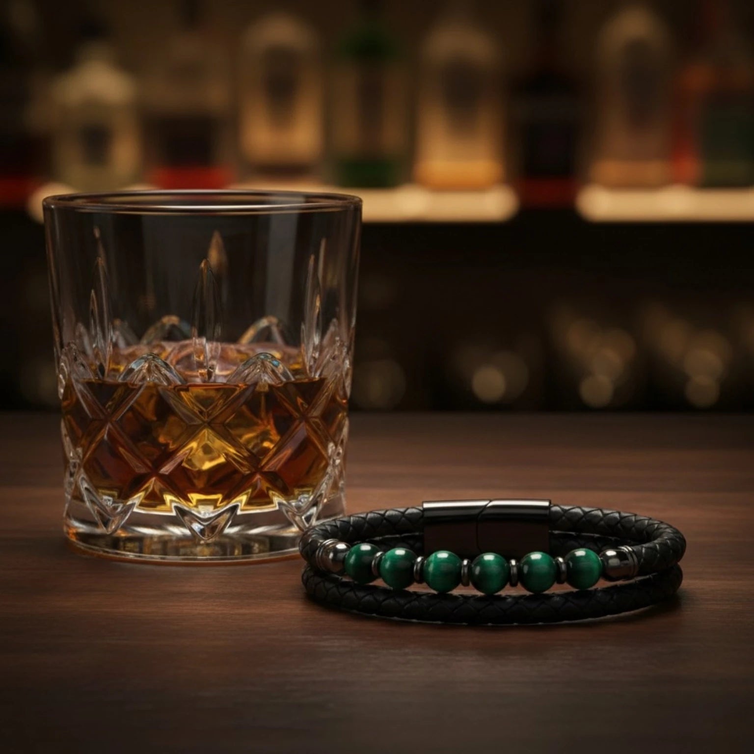 Pulseira Masculina Couro Olho de Tigre Domínio em couro legítimo, design sofisticado e pedras naturais para um visual elegante.