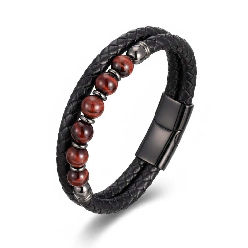 Pulseira Masculina Couro Olho de Tigre Domínio em couro legítimo, design sofisticado e pedras naturais para um visual elegante.
