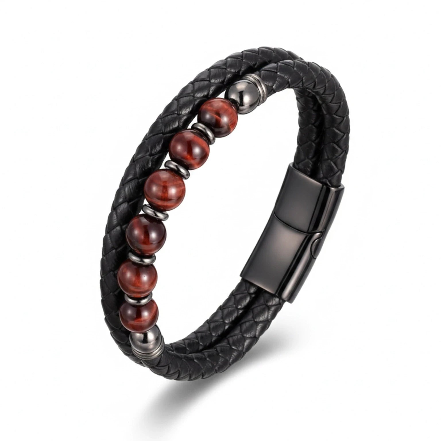 Pulseira Masculina Couro Olho de Tigre Domínio em couro legítimo, design sofisticado e pedras naturais para um visual elegante.