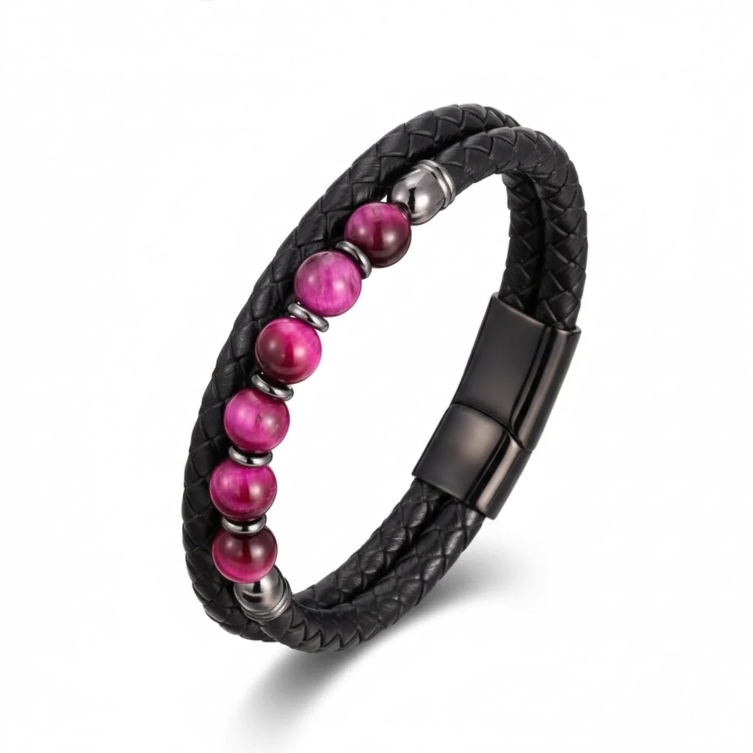 Pulseira Masculina Couro Olho de Tigre Domínio em couro legítimo, design sofisticado e pedras naturais para um visual elegante.