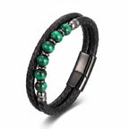 Pulseira Masculina Couro Olho de Tigre Domínio em couro legítimo, design sofisticado e pedras naturais para um visual elegante.