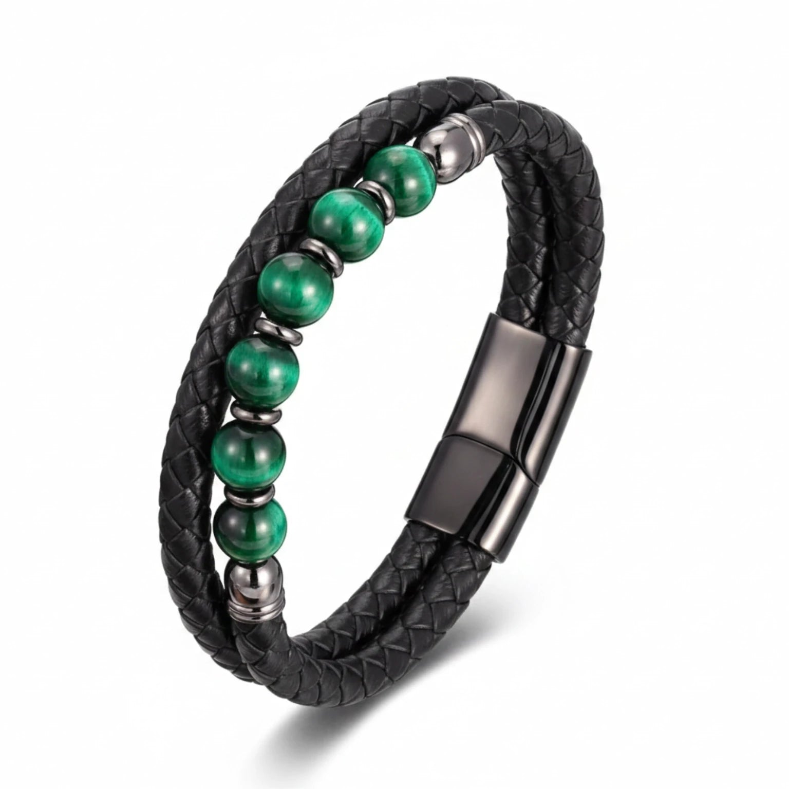 Pulseira Masculina Couro Olho de Tigre Domínio em couro legítimo, design sofisticado e pedras naturais para um visual elegante.