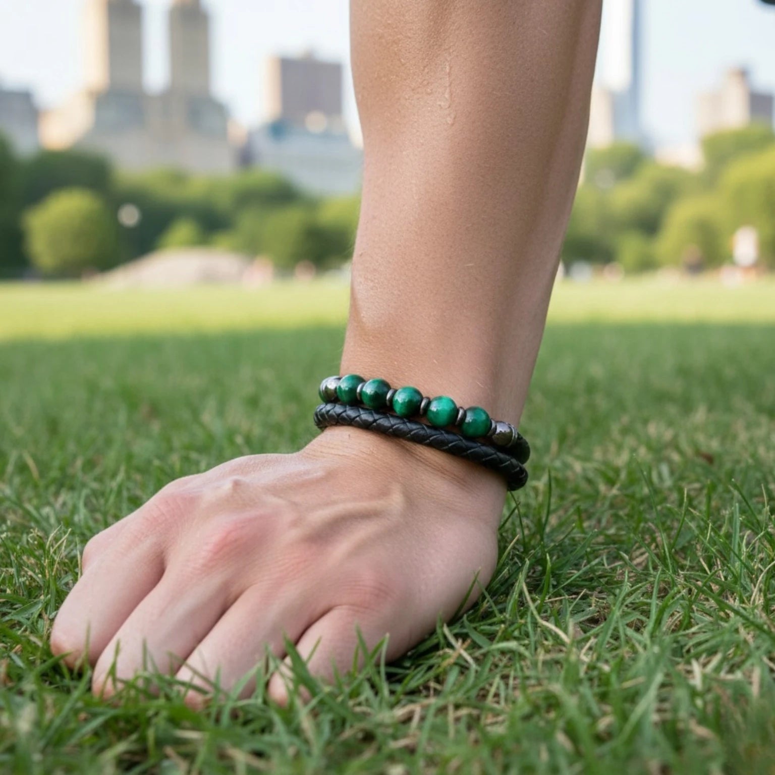 Pulseira masculina em couro legítimo com pedra olho de tigre, acessório elegante e resistente para homens.