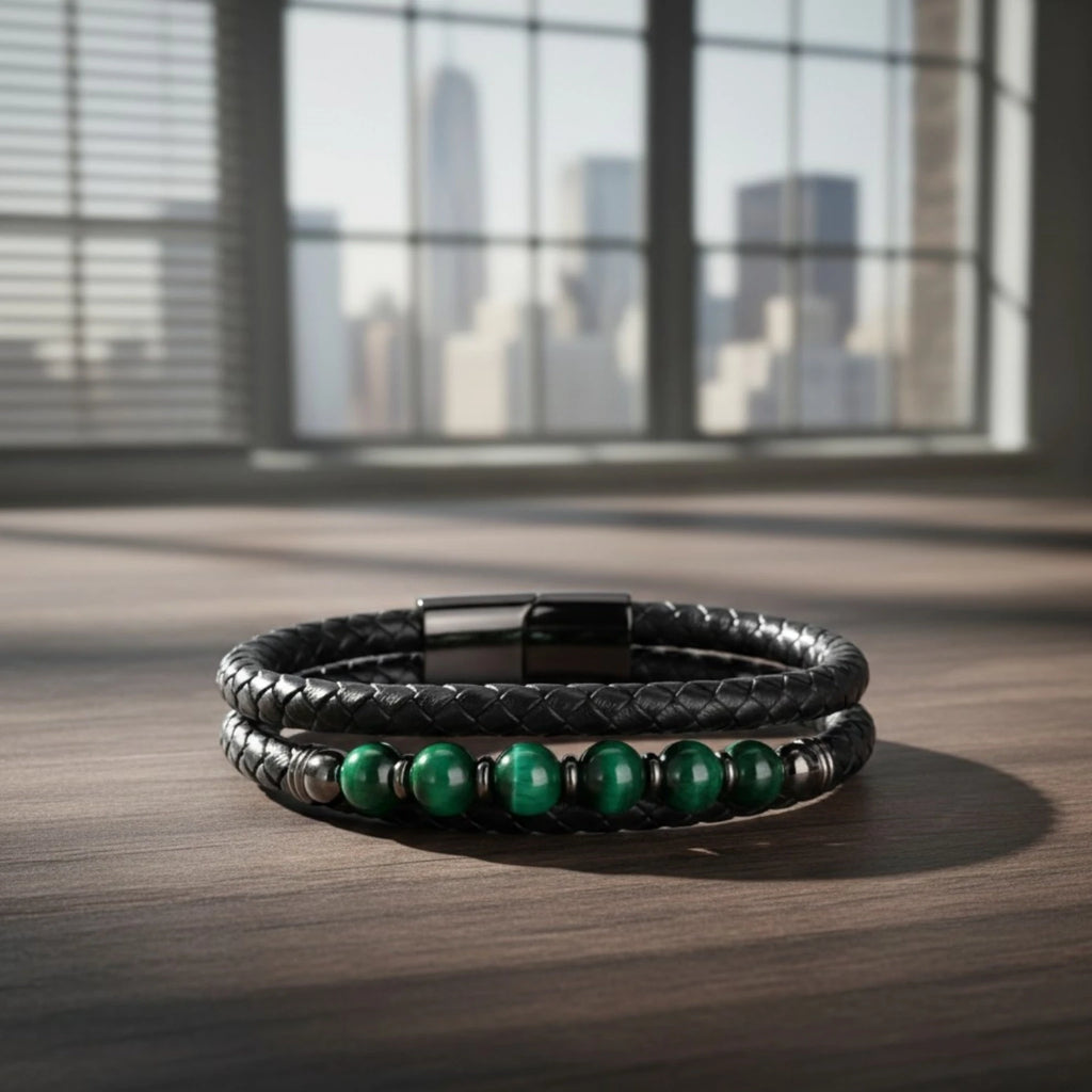 Pulseira masculina de couro Olho de Tigre Domínio, combinação perfeita entre sofisticação, conforto e durabilidade.