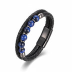 Pulseira Masculina Couro Olho de Tigre Domínio em couro legítimo, design sofisticado e pedras naturais para um visual elegante.
